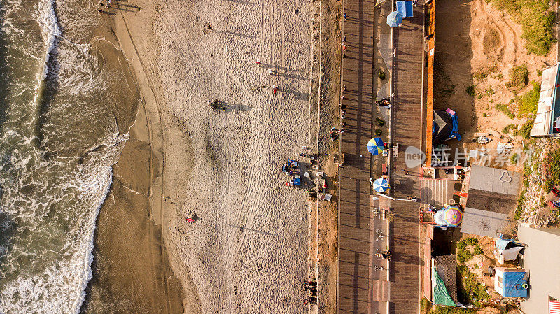 墨西哥蒂华纳Playas Tijuana的海滩和木板路，无人机扫视的视角